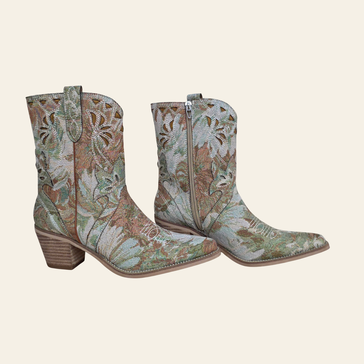 Side View of western-style ankle boots with a floral jacquard tapestry pattern in muted green, beige, and brown tones - The Amaryllis