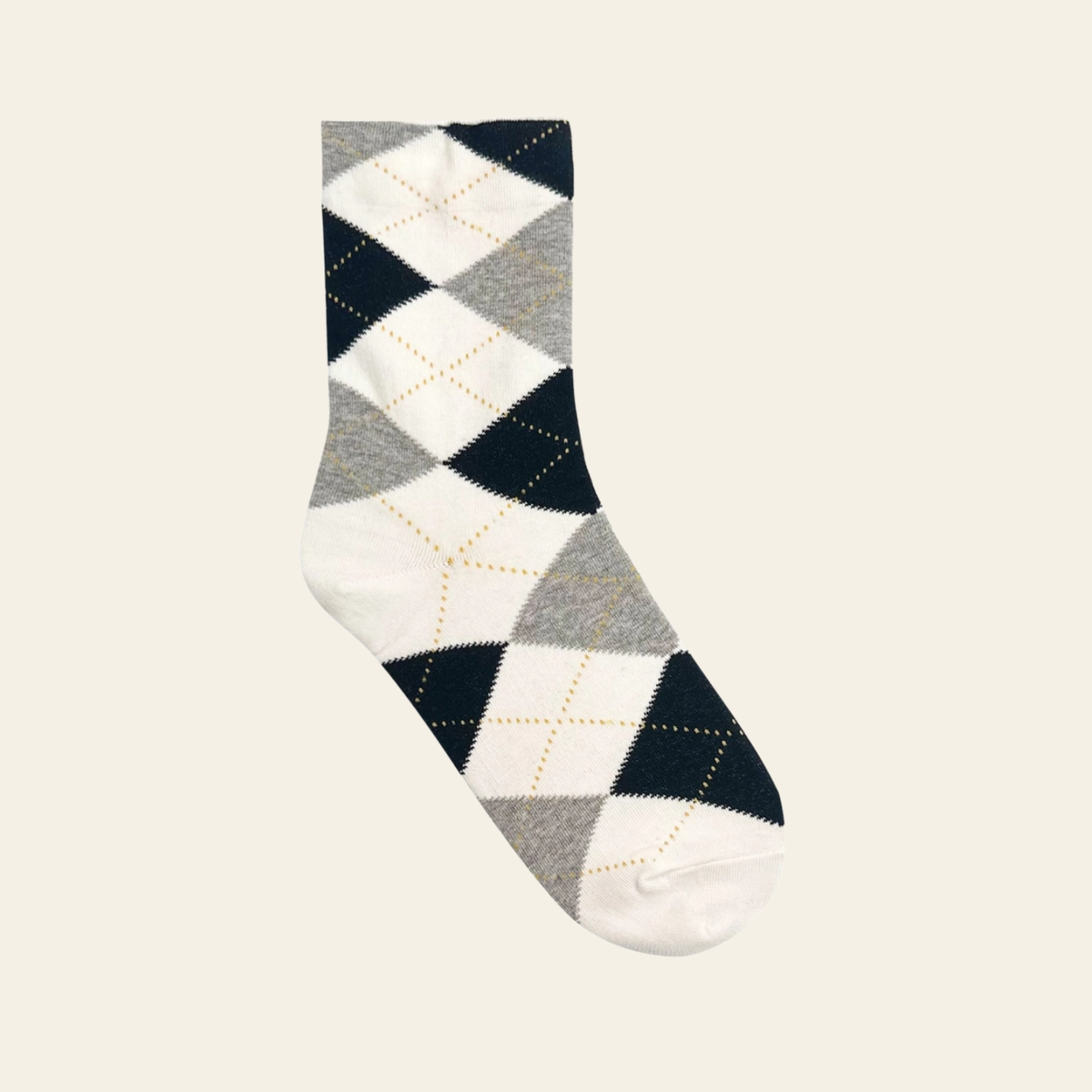 A pair of argyle socks featuring a white, gray, and black argyle pattern with thin gold dotted lines.