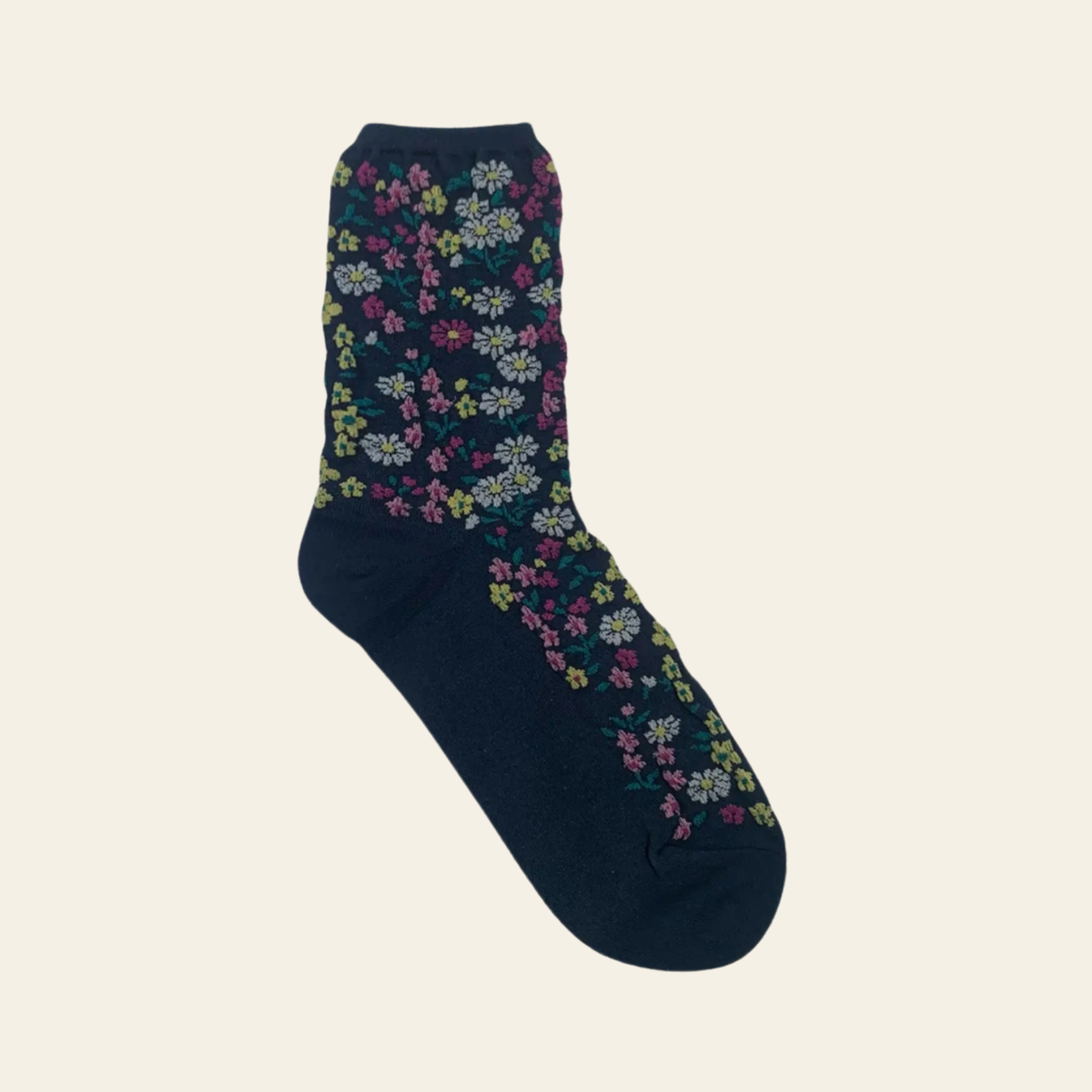 Navy blue socks with a blooming garden in multi-colors print