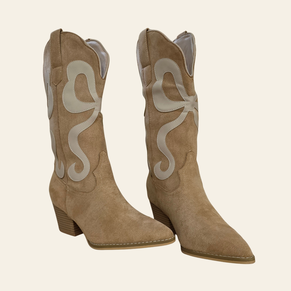 The Bowie - tan suede cowboy boots with light beige inlays, pointed toe.