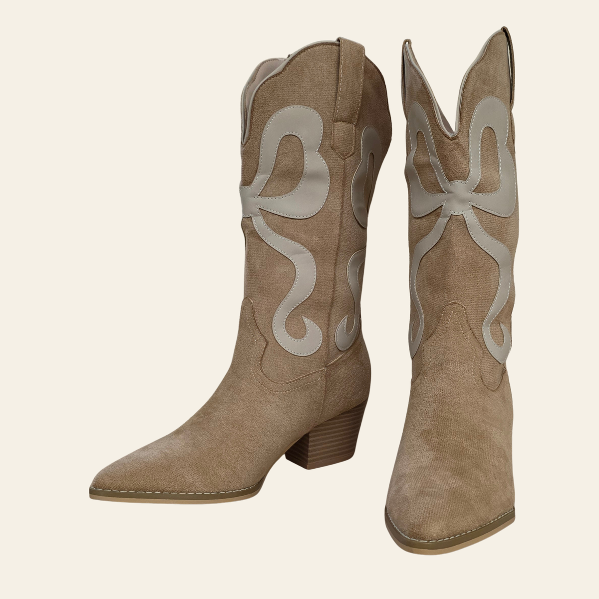 Women's western cowboy boots in taupe faux suede with contrasting light beige inlay on the shafts, pointe toe - vegan leather.