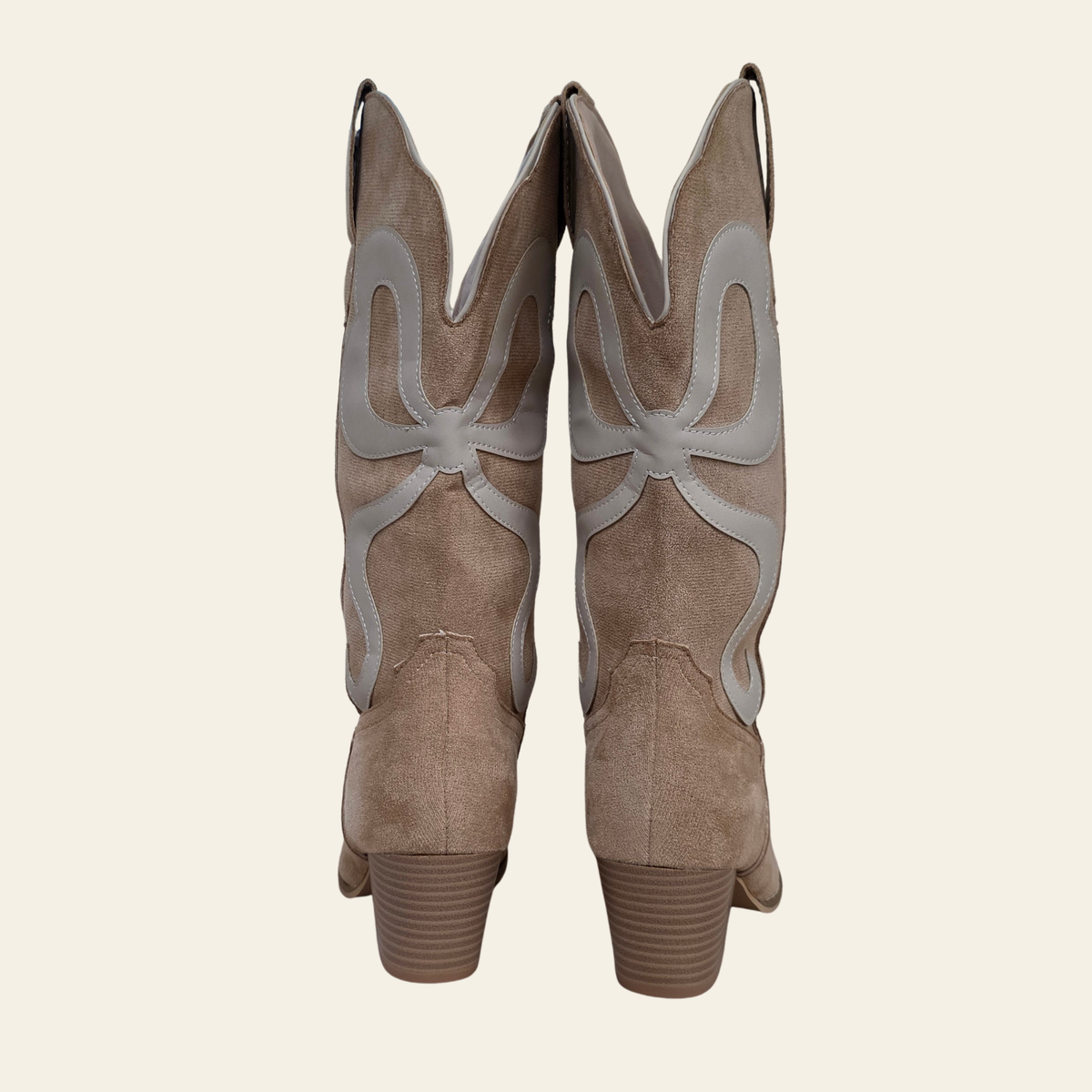 The Bowie back view. A western boot in vegan leather, faux suede with the ribbon inlays in cream, pointed toe and stacked heel.