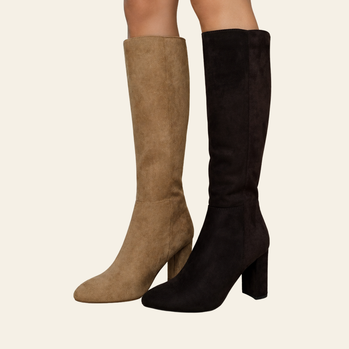 The Brazil - available in two colors - tan and dark brown - knee-high faux suede boots with block heels
