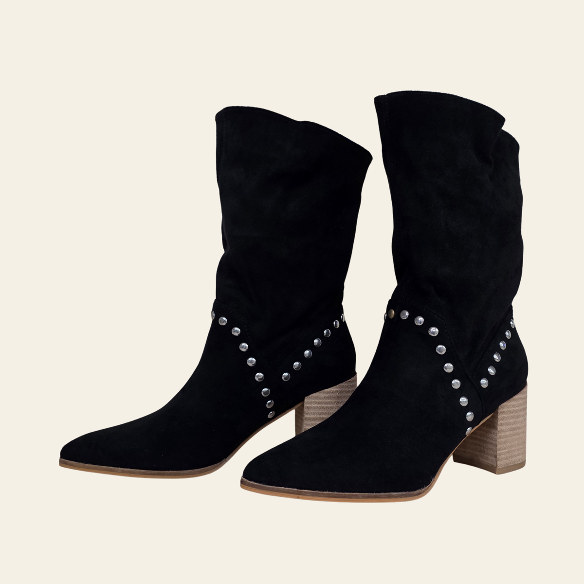 Black suede mid-calf boots with silver stud embellishments and a stacked wood-look block heel - The Brigitta