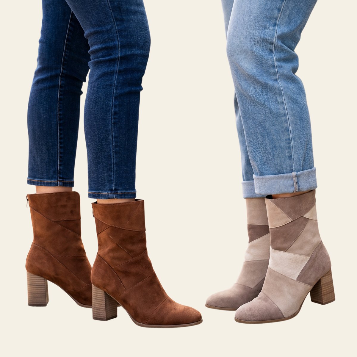 Two ankle boots shown on lower legs wearing jeans against a plain light beige background. The left boot is a medium brown suede-look block heel boot, and the right boot is a multi-panel ankle boot in beige, taupe, and light brown tones with a block heel.