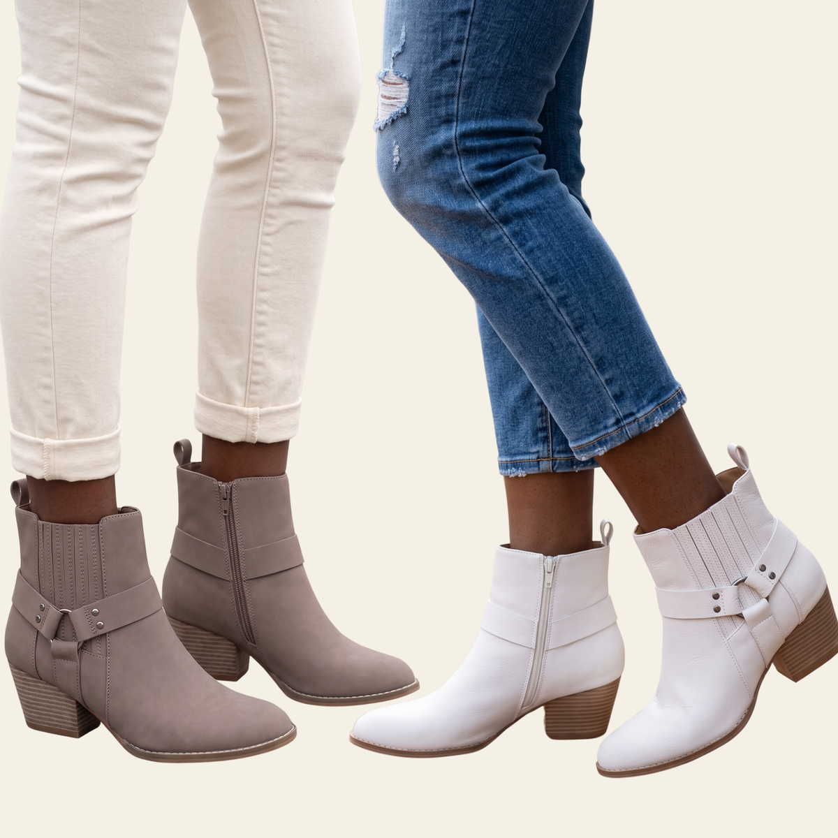 Caleb Moto Ankle Boot with zipper and harness detail. available in cedar wood and white colors