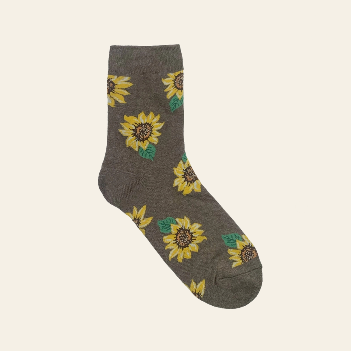 Dark Taupe sock with a repeating sunflower pattern, displayed against a solid off-white background.