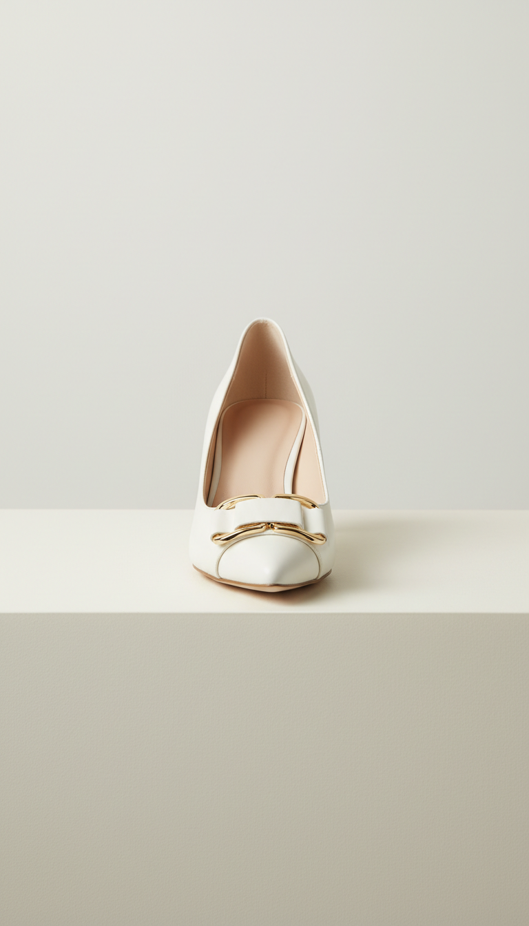 Porcelain White Pointed-Toe Pumps with Gold Accent