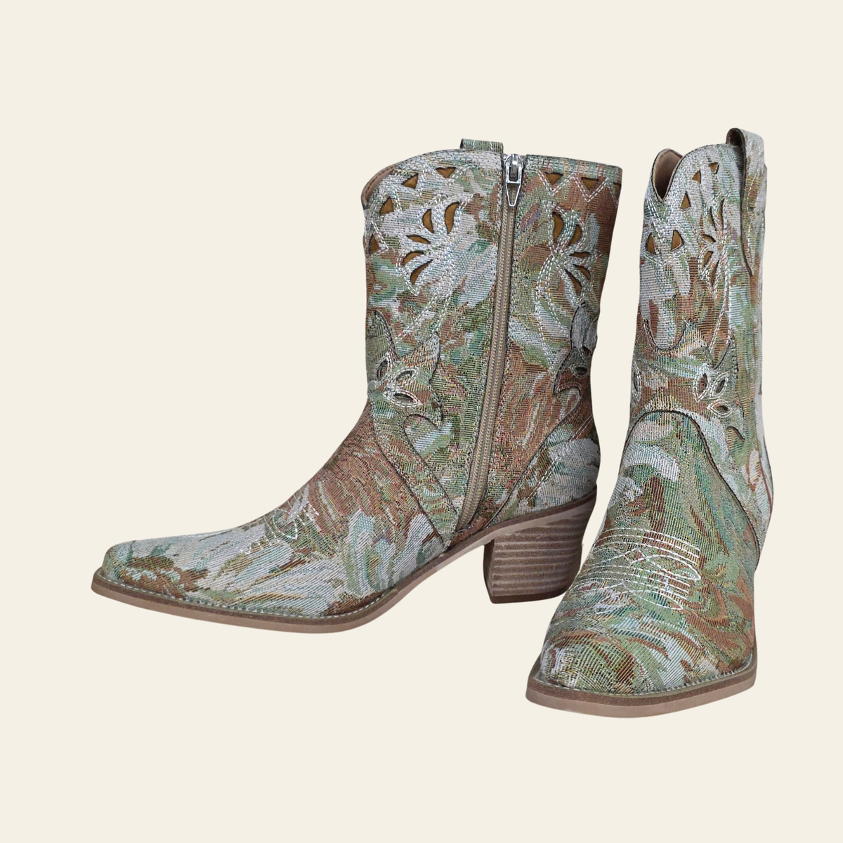 Western-style ankle boots with a tapestry pattern in sage green, brown, and beige, featuring a side zipper and a low stacked heel - The Amaryllis