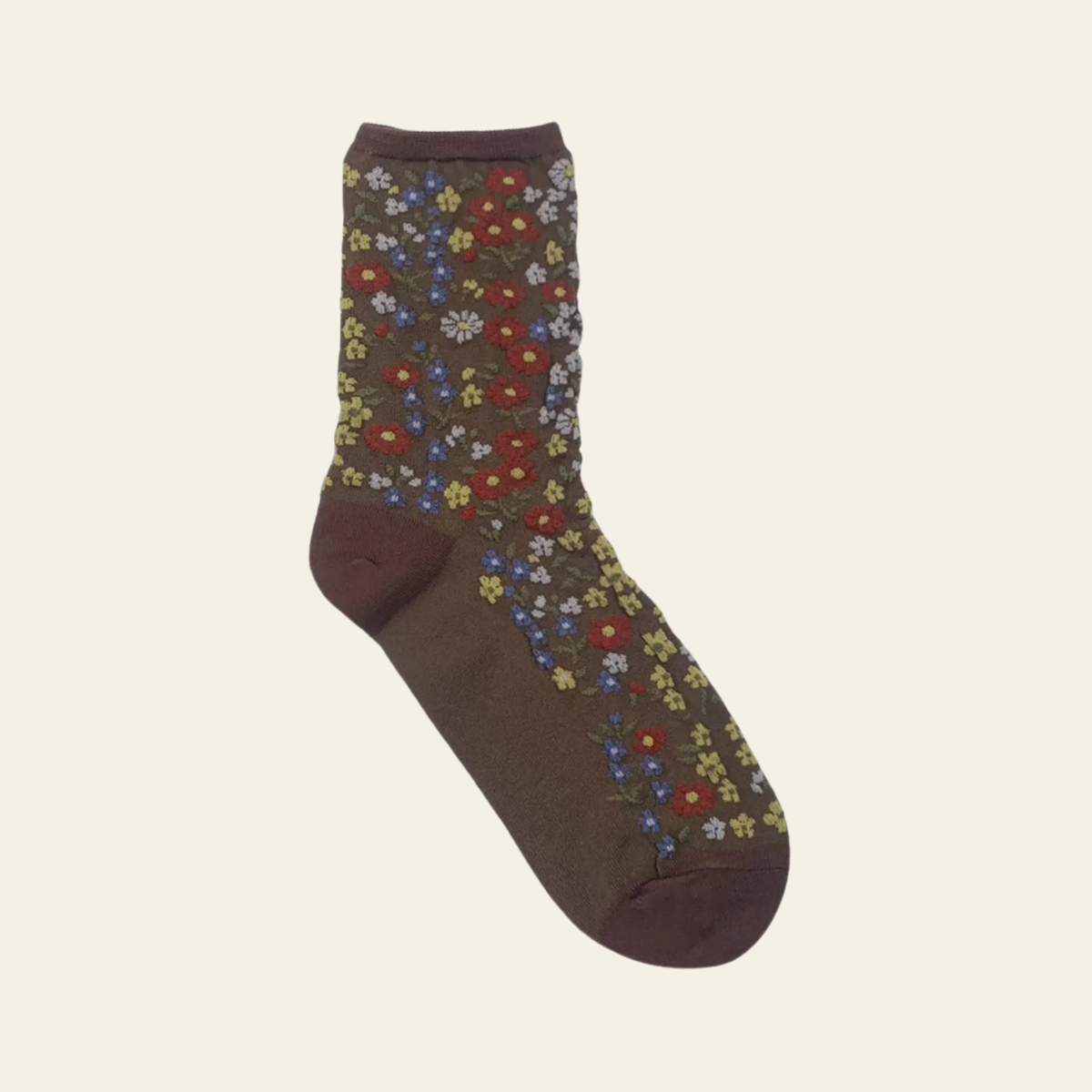 Brown socks with a blooming garden in multi-colors print