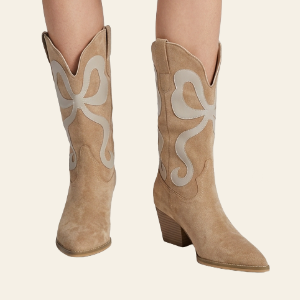 Taupe western boots with a swirl inlay and stacked heel - The Bowie