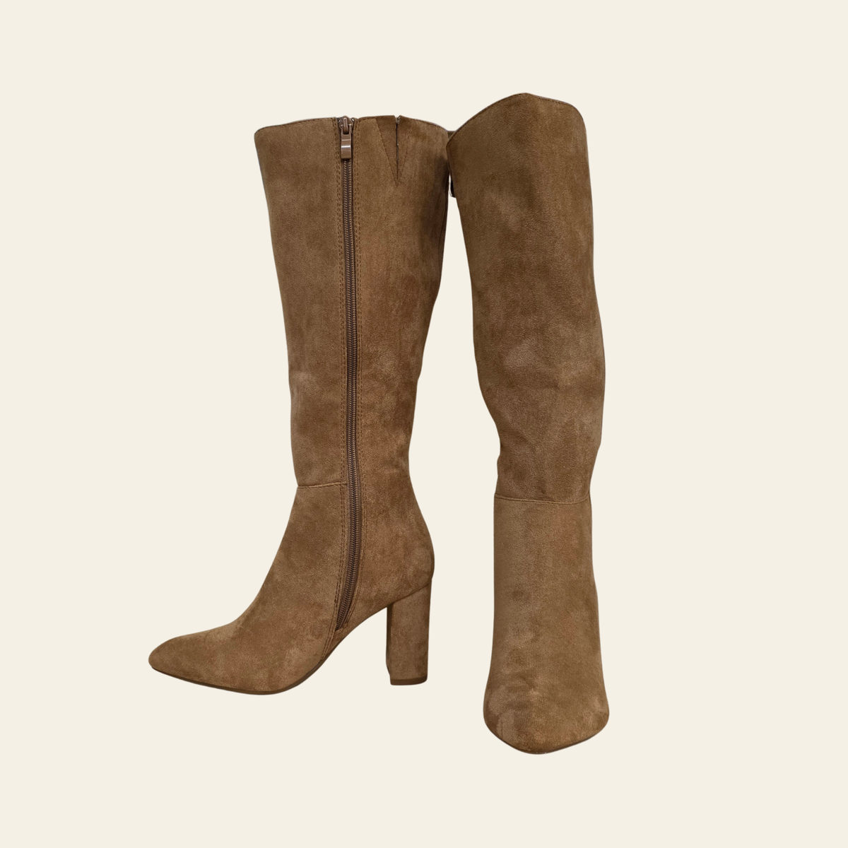 Zipper detail of The Brazil - tan knee-high, faux suede tan boot