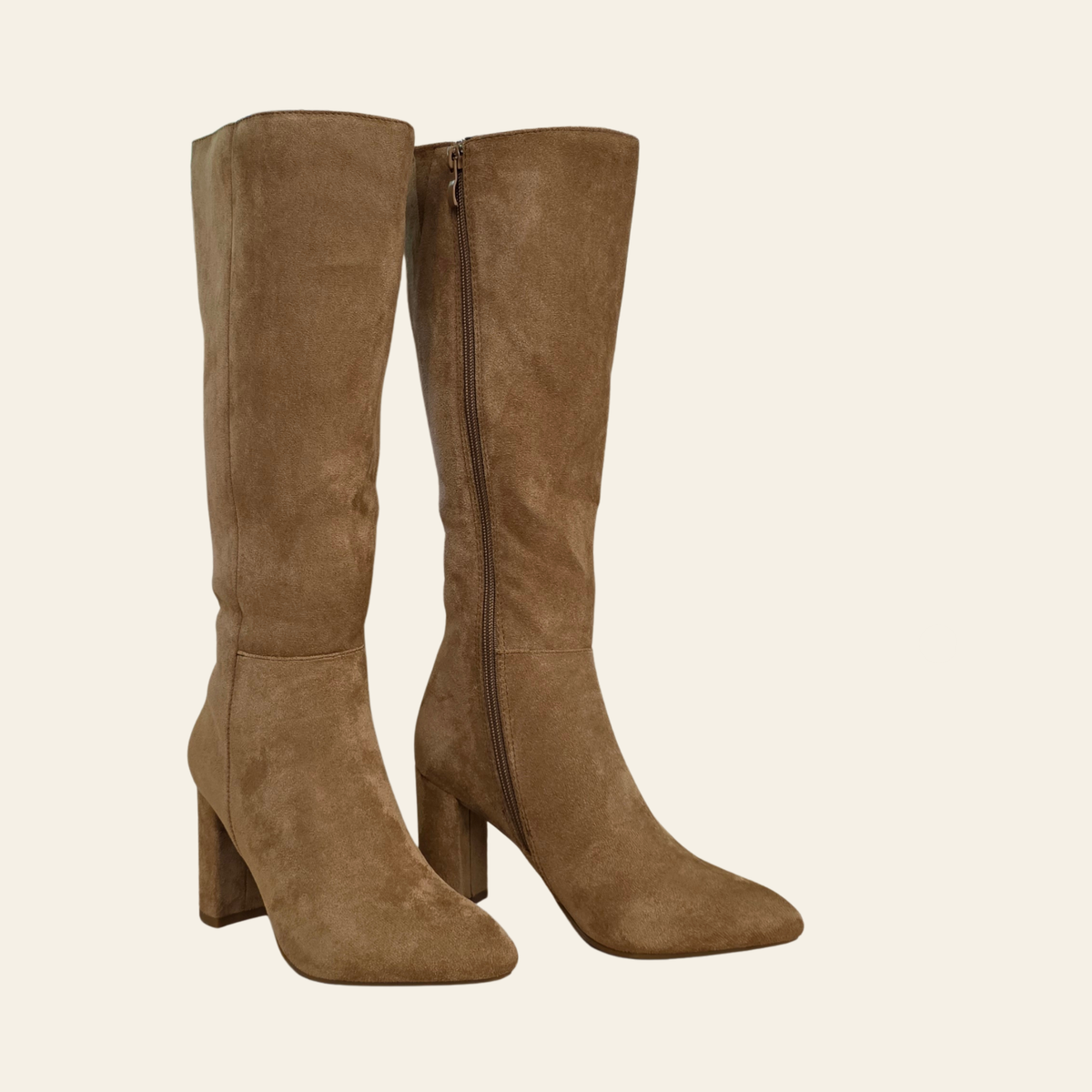 Angle view of The Brazil - tan faux suede knee-high block heel boot