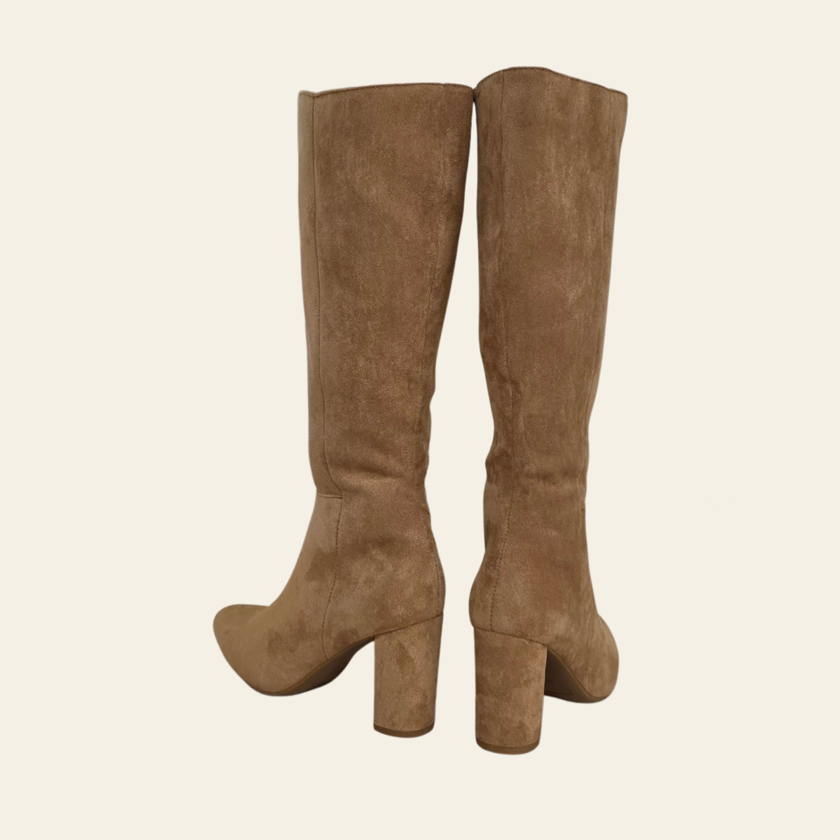 The Brazil - back view of the faux suede, block heel tan knee-high boots