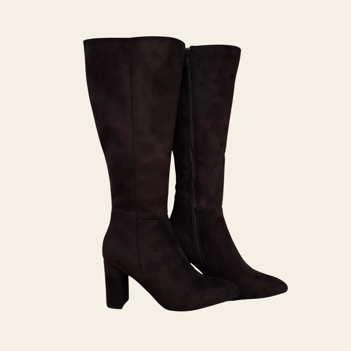 Side view of The Brazil - dark brown knee-high block heel boot in faux suede