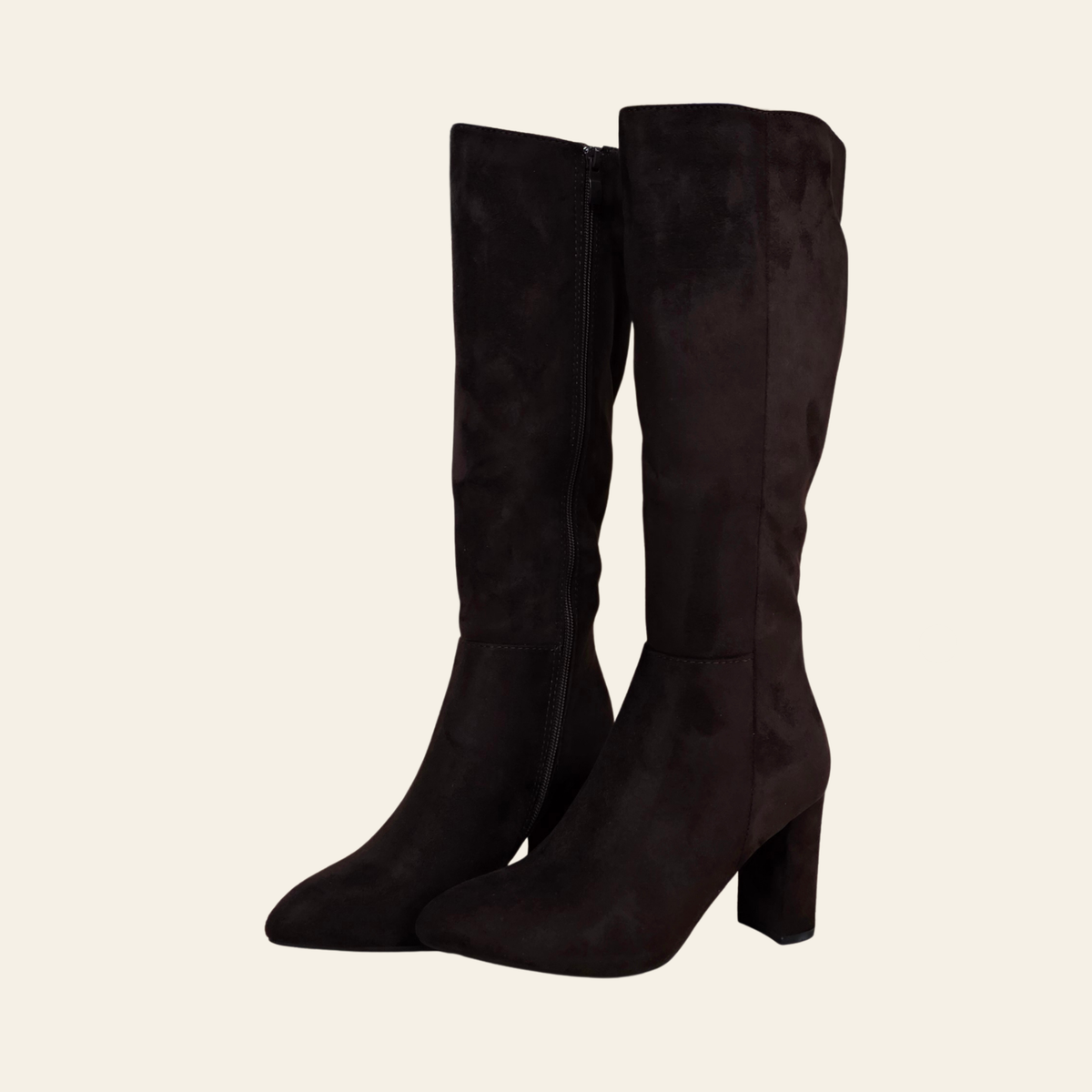 The Brazil - dark brown, block heel, faux suede knee-high boot. 