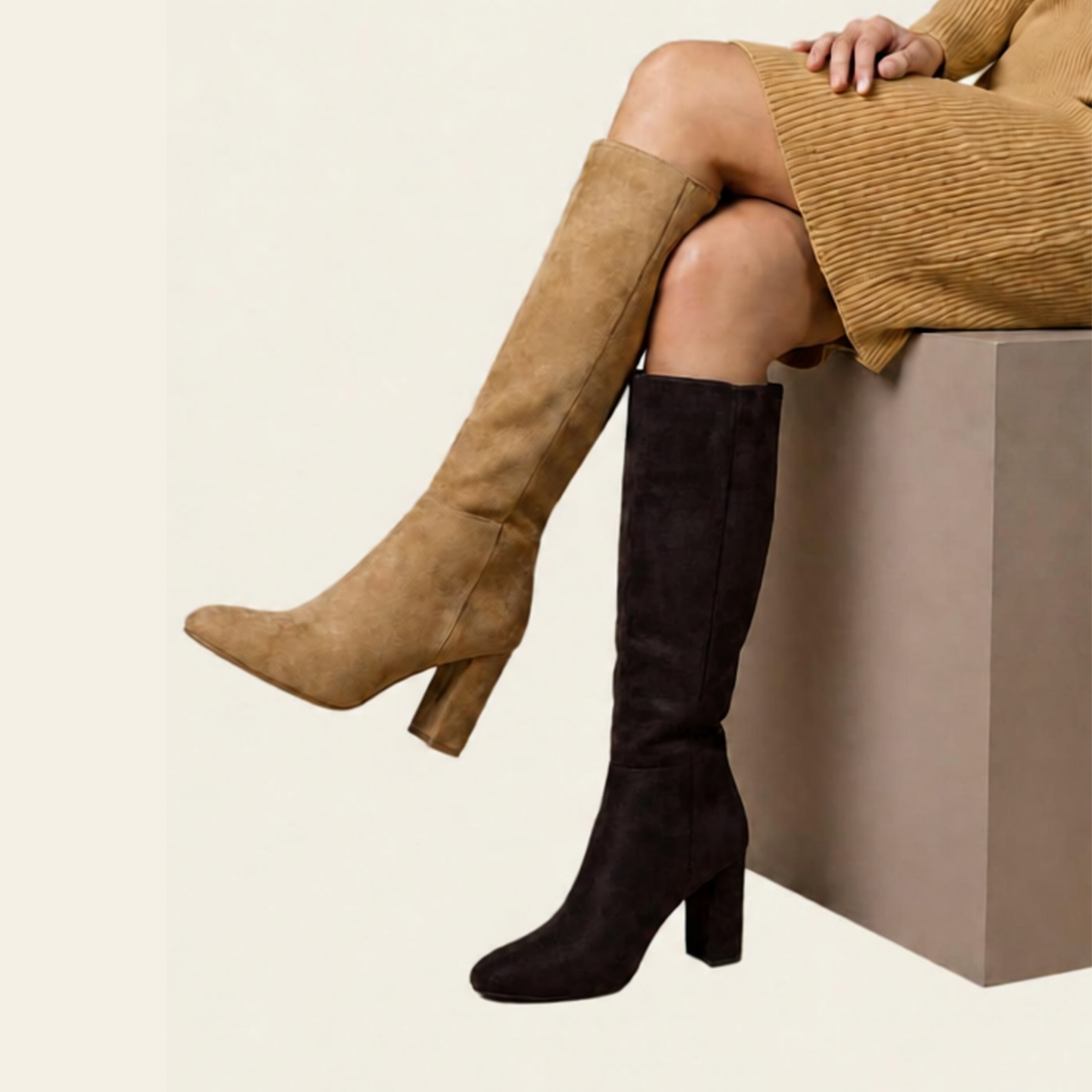 Tan and black knee-high faux suede boots with block heels - The Brazil