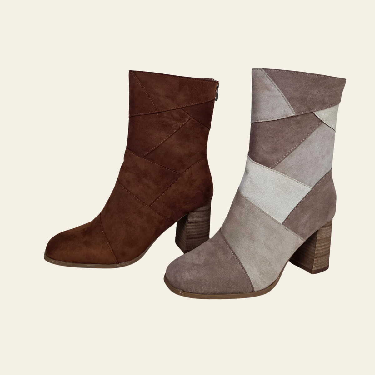 A pair of mid-calf ankle boots in brown suede, one solid brown and one multi-panel patchwork in shades of taupe, beige, and brown, set against a solid cream background.
