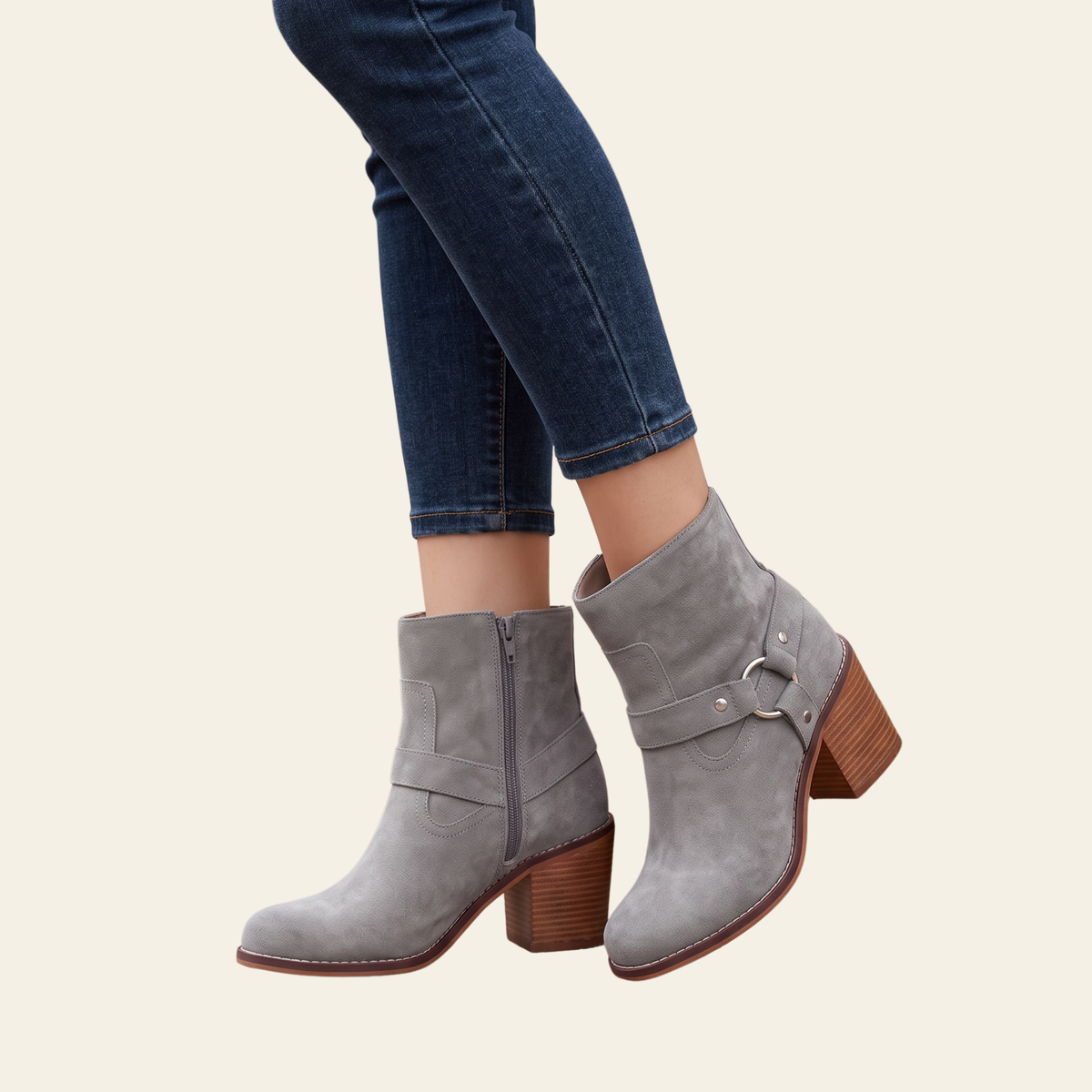 Model wearing Oasis Society Cameron Boot in gray. Harness moto boot