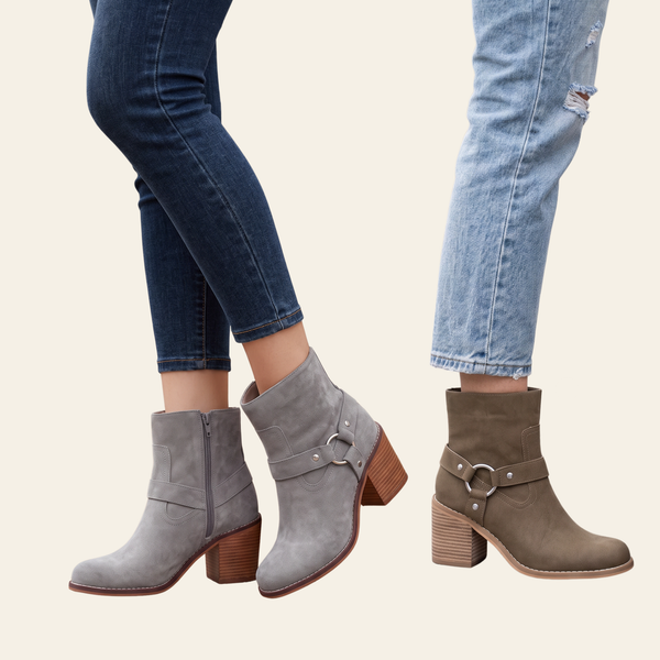 Cameron Boot in Gray and Taupe - harness detail on faux suede, vegan leather