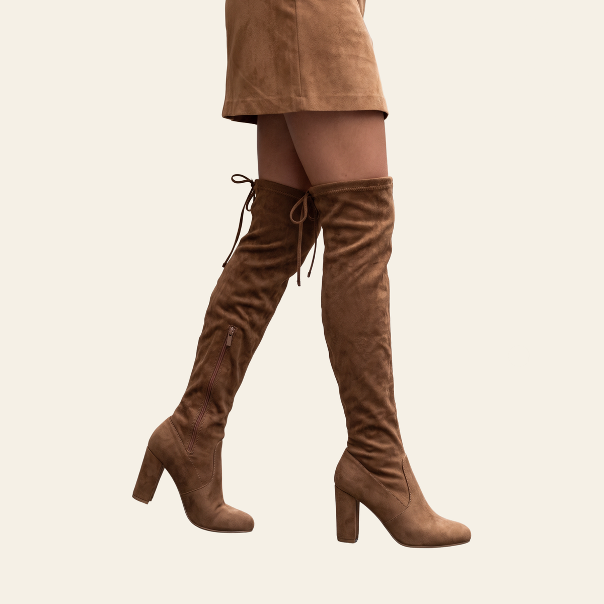 Eve thigh high boots in camel brown with  heel