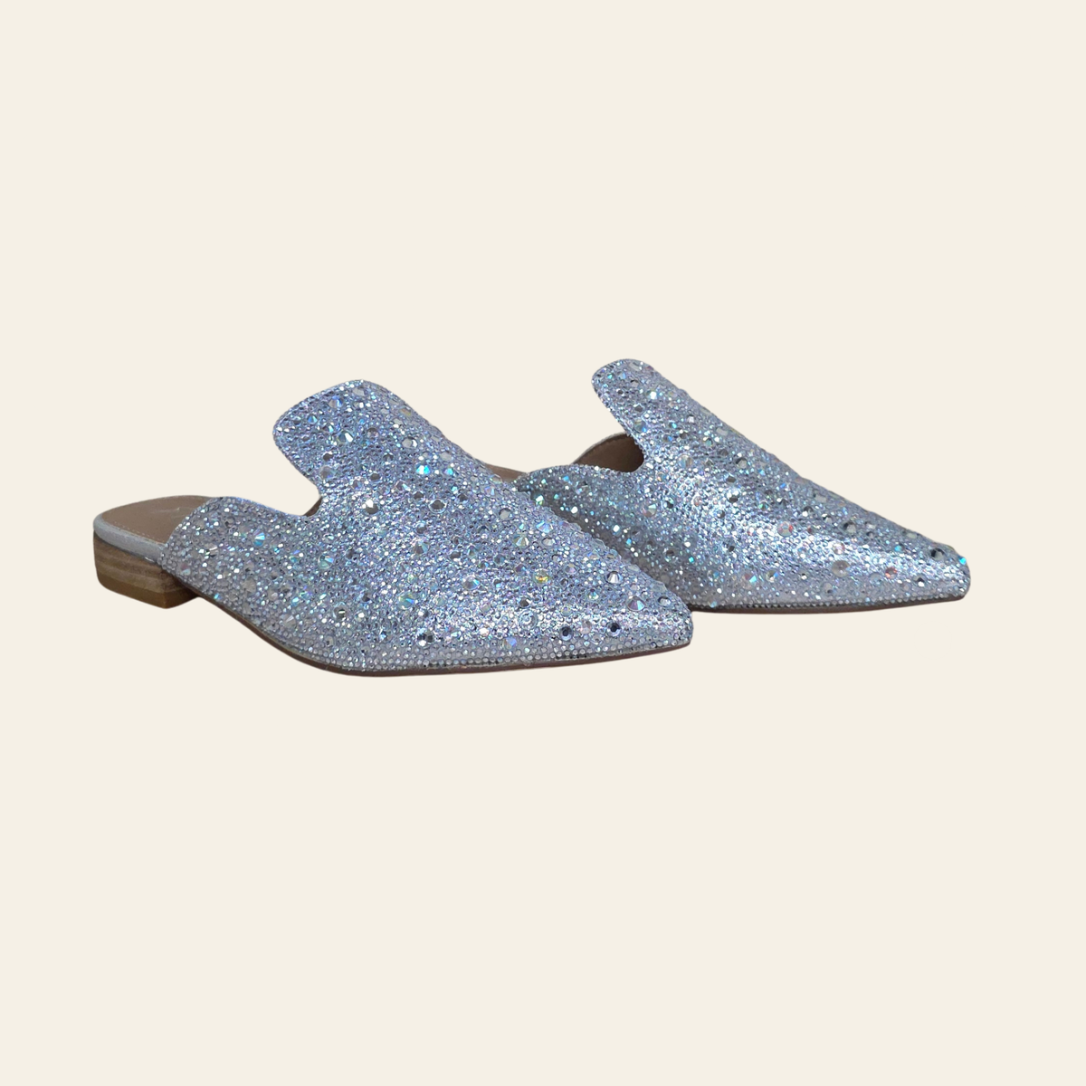 A pair of pointed-toe mule flats covered in shimmering rhinestones, shown against a solid light beige background. Brand Plendino Style GEM