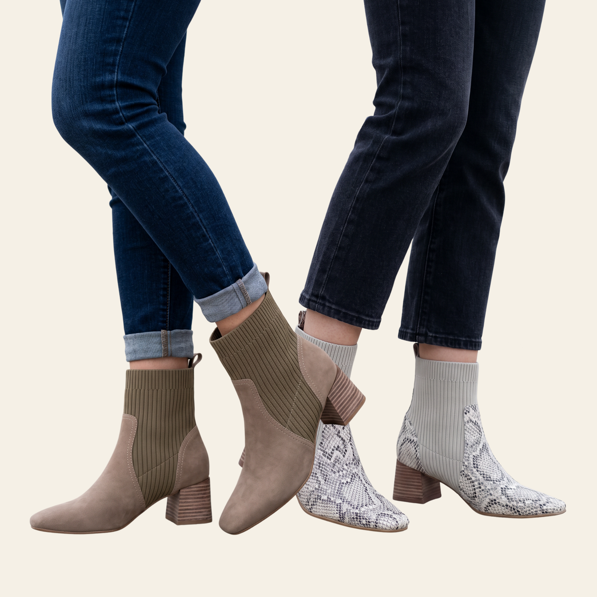 Twi=o models' lower legs wearing ankle boots, color/style options: taupe ribbed knit with taupe suede, and gray and white snakeskin print with ribbed knit.