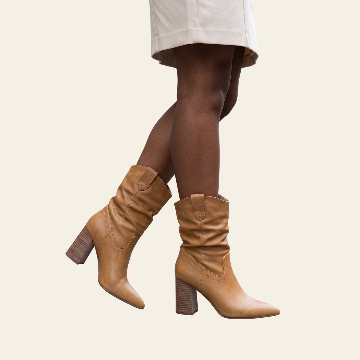 Faux leather in tan slouch boot with wood stacked heel - the MAVIS