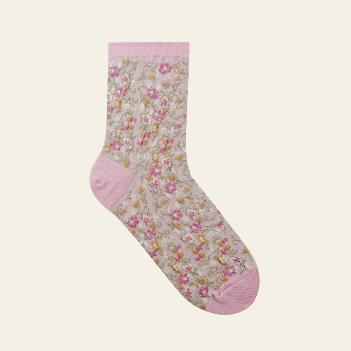 Light pink socks with a blooming garden in multi-colors print