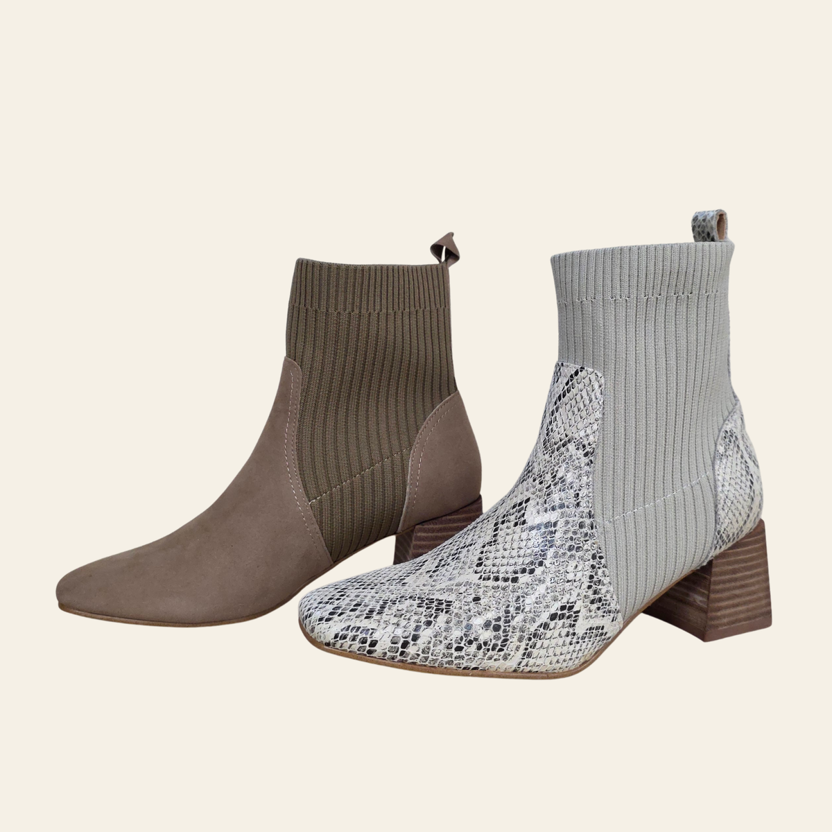 Two ankle boots with ribbed knit sock-style cuffs and block heels, shown on a plain light beige background. One boot is taupe-brown suede with olive-brown knit, and the other is light gray with a gray-and-white snakeskin pattern on the front and gray knit on the side.