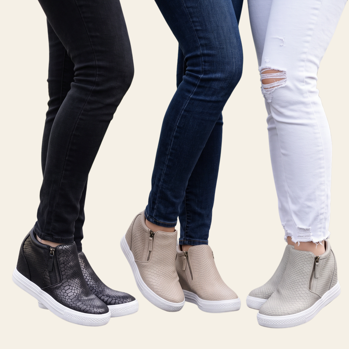 Three women's ankle slip-on shoes shown on model legs against a light beige background. The shoes have a textured faux-crocodile or snakeskin-like finish and white soles, shown in black, blush and cream colorways.
