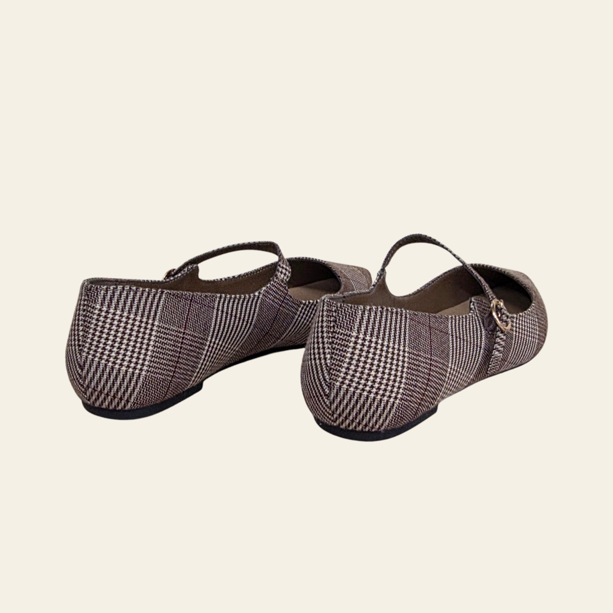 Back view of the Top Moda Verify ballet flats with buckle. Plaid fabric shoe.