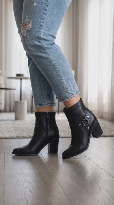 model wearing moto ankle boot