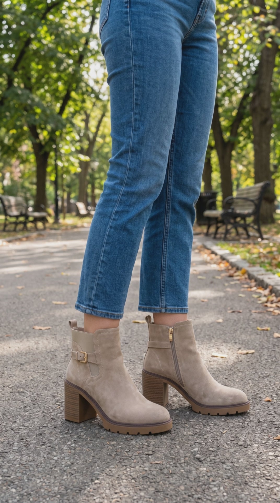 A model wearing Pierre Dumas Rapid boots walking on a a city park road - video