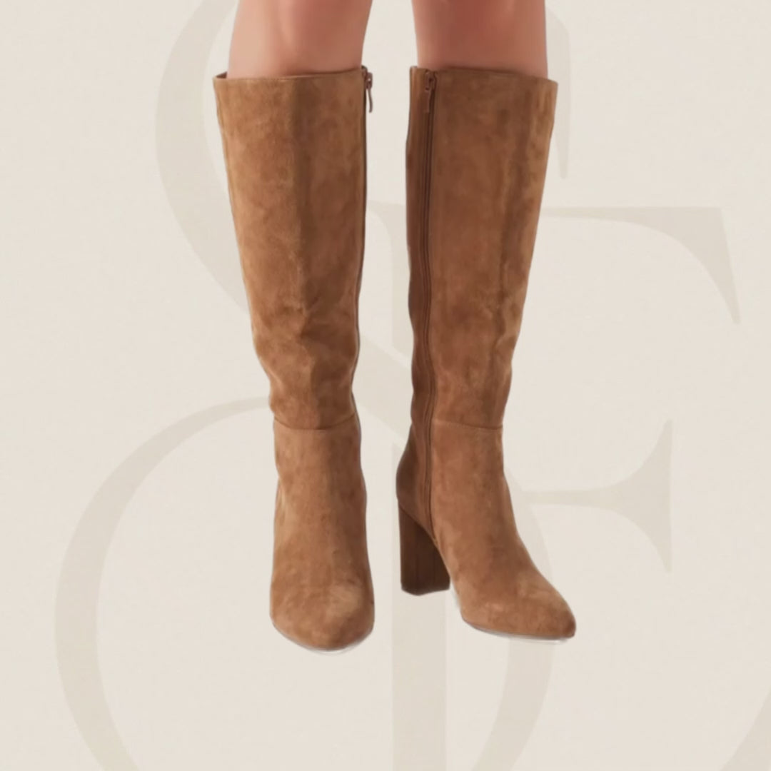 Video view of The Brazil - tan, faux suede knee-high, block heel boot