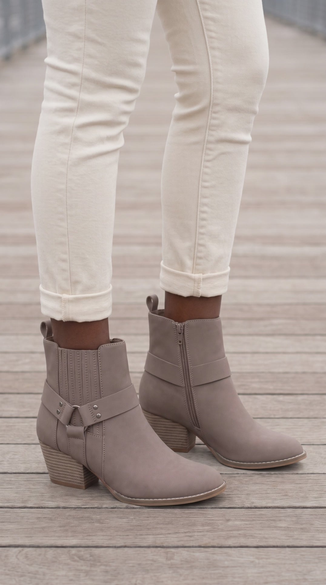 Model wearing Caleb boot in Cedar Wood color