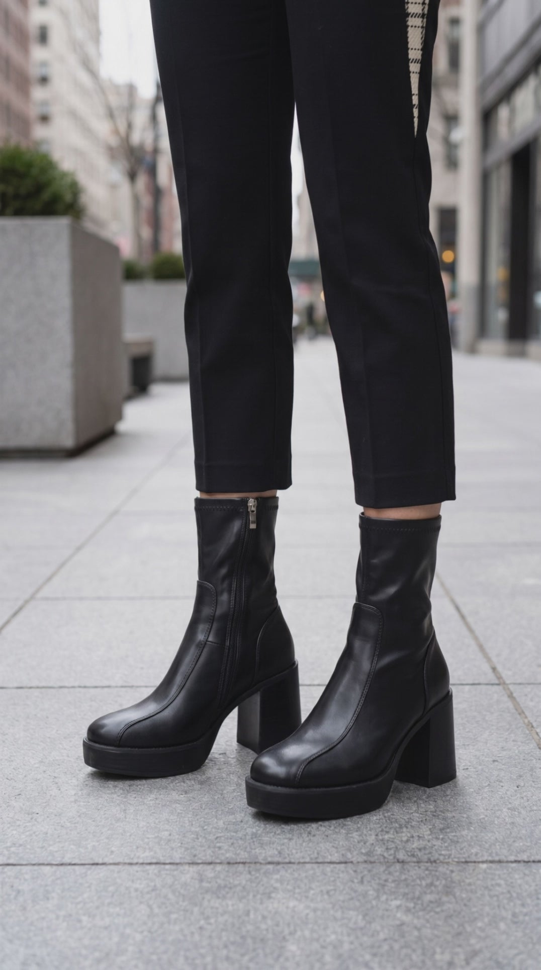 Model wearing JOSEPHINE platform black faux leather boots.