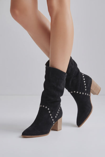 Brigitta Video - showcasing the black faux suede ankle boot with rivets